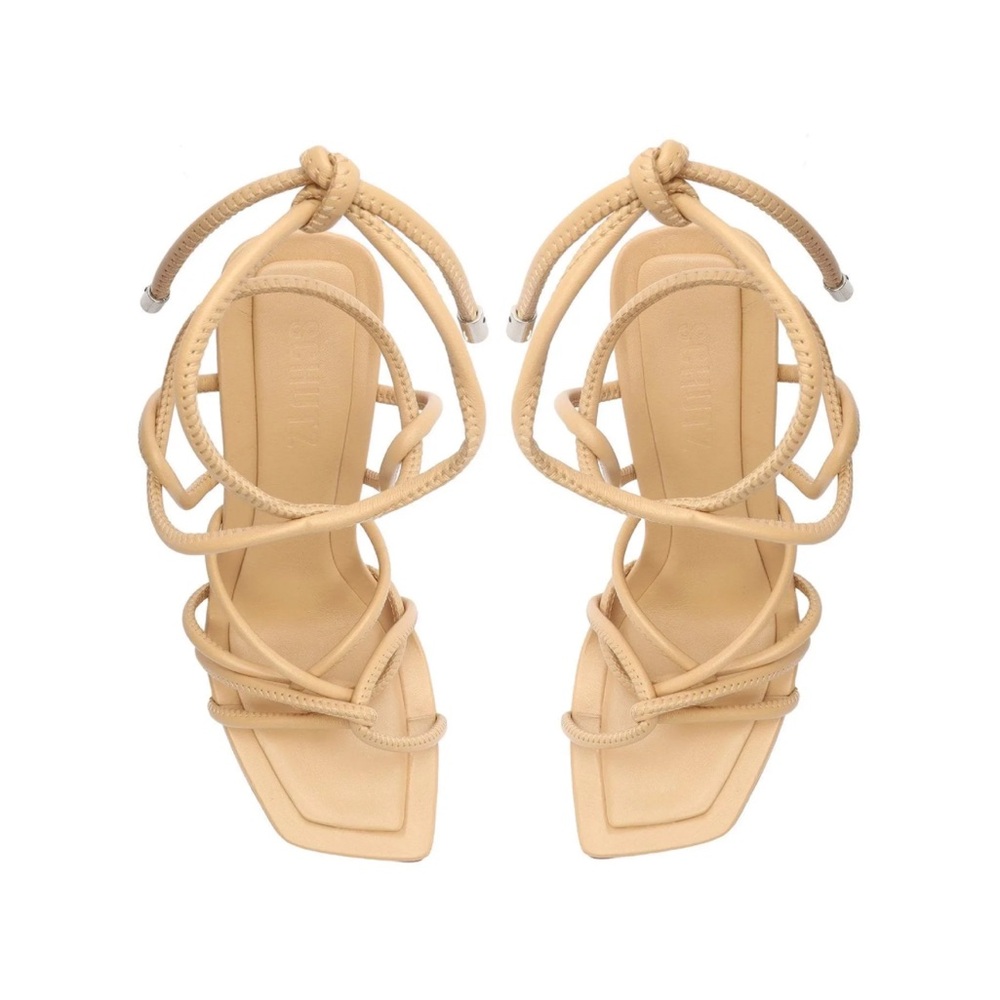 Schutz Size 8 Toller Leather Tie Strap Sandals light Nude/Tan Square Toe Heel